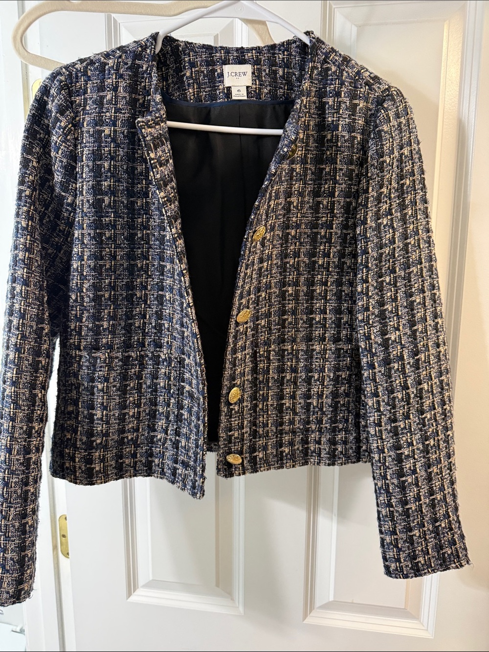 J. Crew Factory Navy and Cream Tweed Collarless Blazer with Gold Buttons